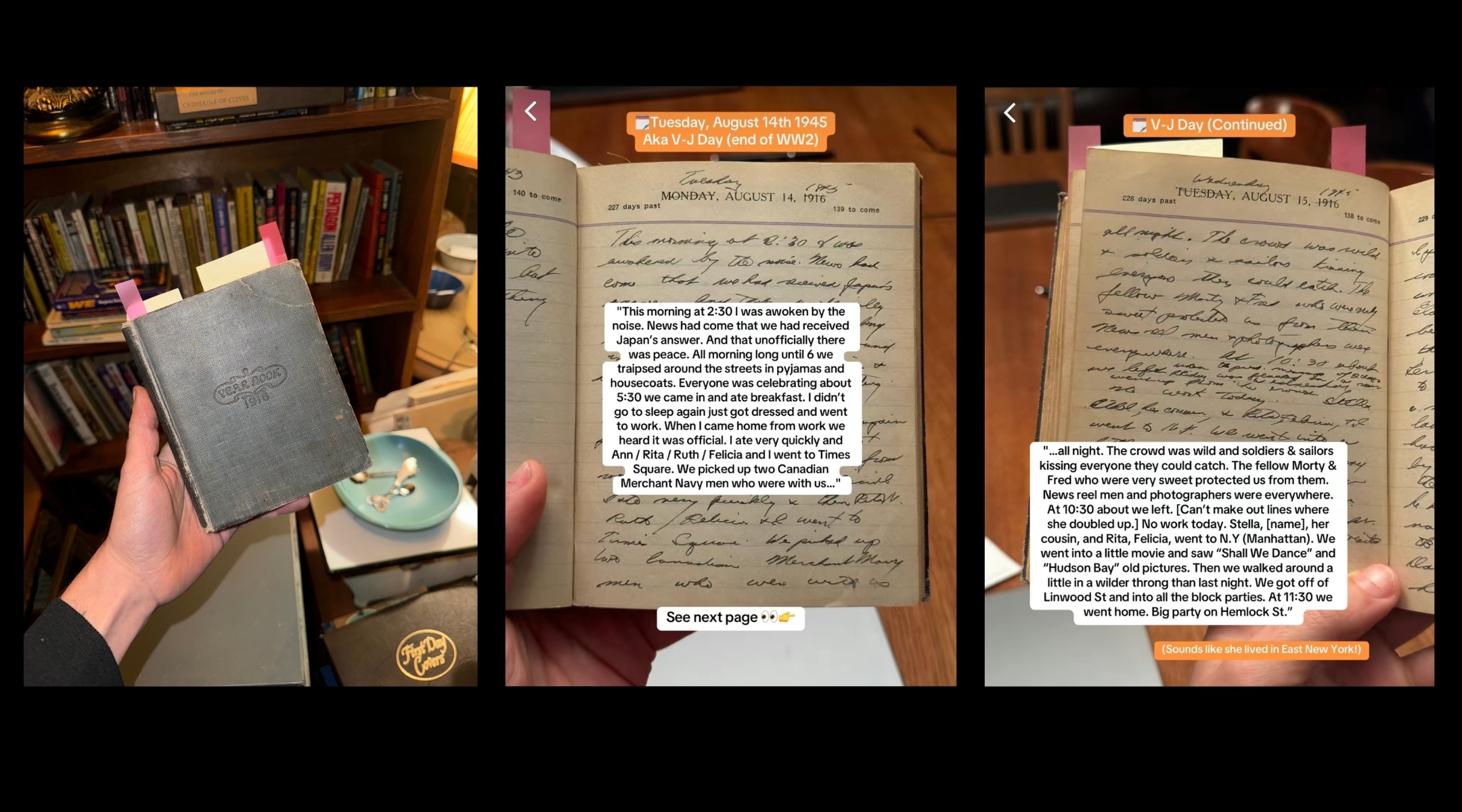 The repurposed 1916 diary used by Charlotte Buchsbaum to document her life and the end of World War II. (Left image courtesy of Helaina Ferraoili. Center, right images screenshots via TikTok)