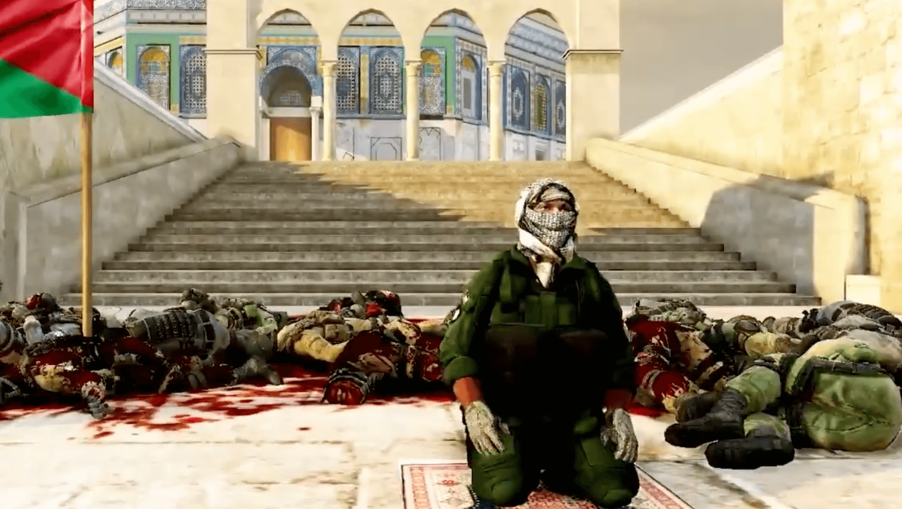 A clip from the game's Steam page shows its hero kneeling to pray outside of the al-Aqsa mosque in front of a pile of dead IDF soldiers.