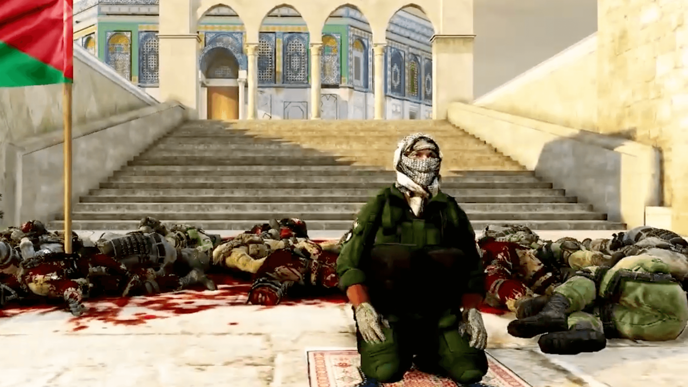 A clip from the game's Steam page shows its hero kneeling to pray outside of the al-Aqsa mosque in front of a pile of dead IDF soldiers.