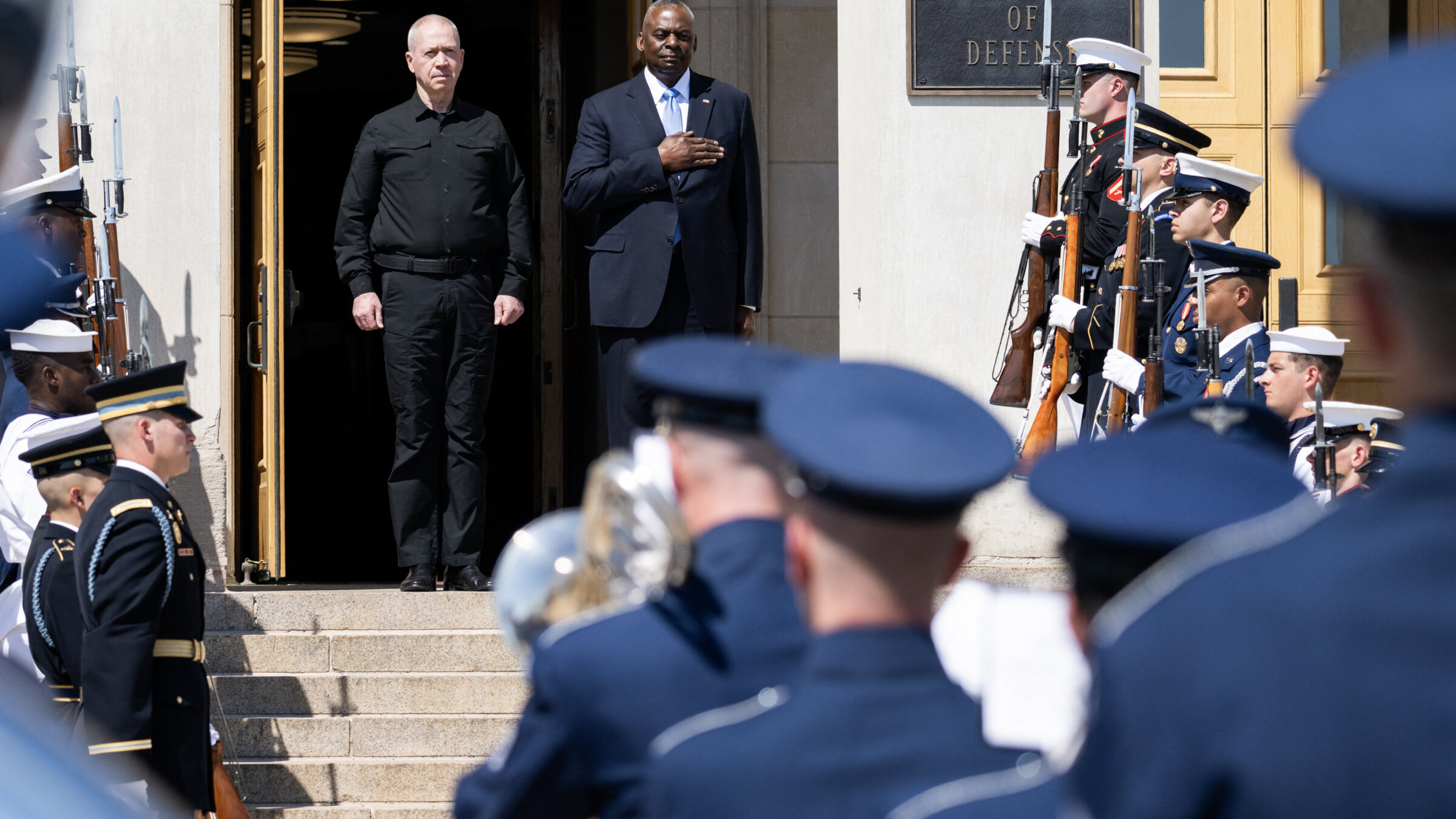 U.S. Secretary of Defense Lloyd Austin welcomes then-Israeli Defense Minister Yoav Gallant to the Pentagon during a June visit to Washington, D.C. 