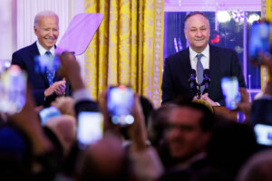 Joe Biden and second gentleman Doug Emhoffm during a Hanukkah reception at the White House on Dec. 16.