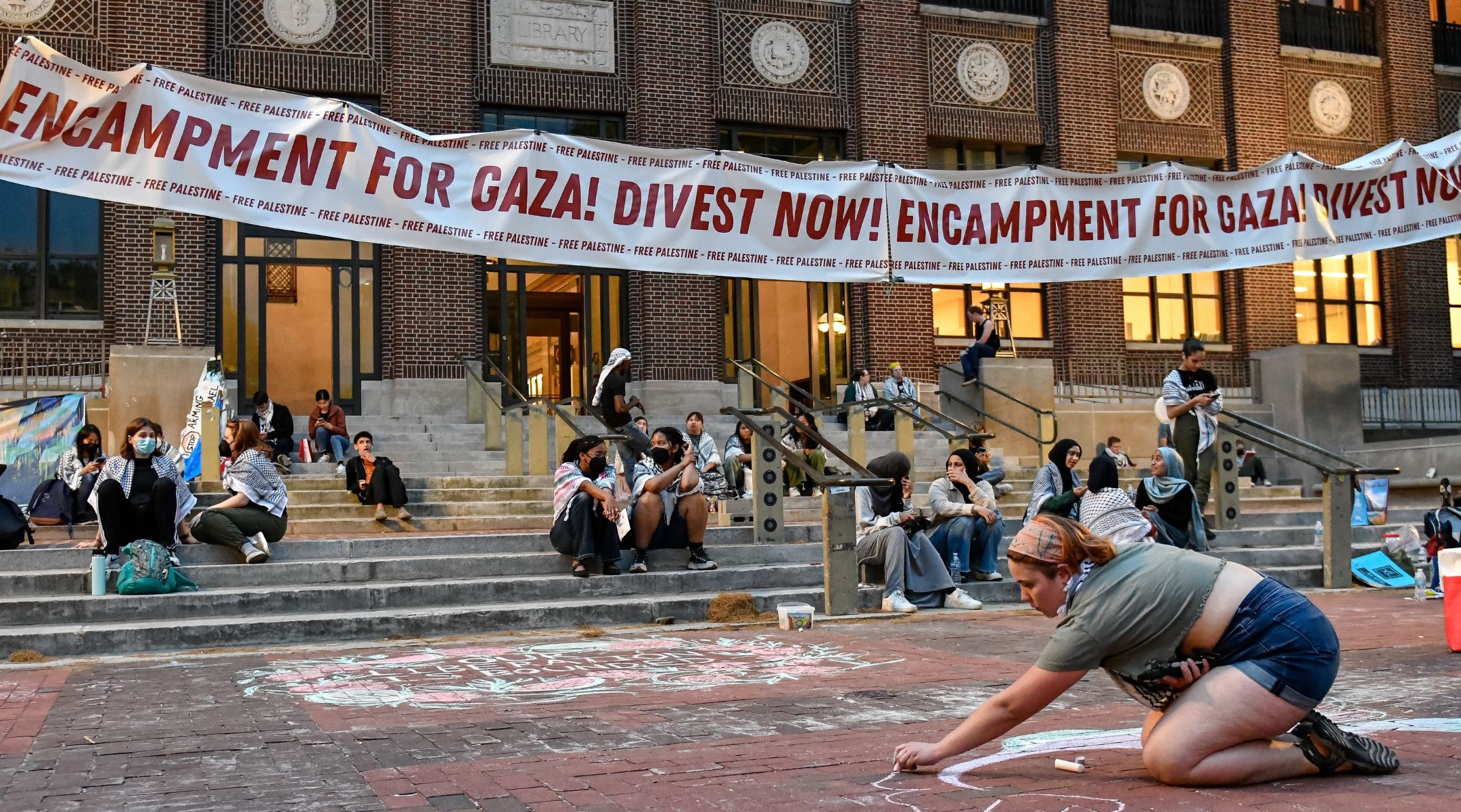 Protestors at the pro-Palestinian encampment at the University of Michigan, May 13, 2024, in Ann Arbor. (Adam J. Dewey/Anadolu via Getty Images)