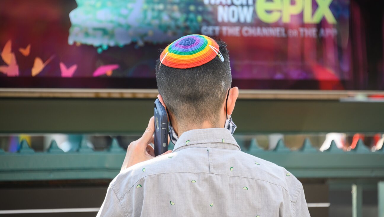 A person wears a pride-themed yarmulke in the West Village in New York City, on June 26, 2020. (Noam Galai/Getty Images)