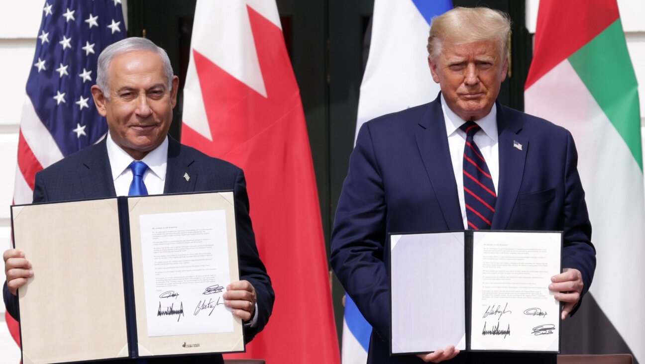 Israel Prime Minister Benjamin Netanyahu and U.S. President Donald Trump participate in the signing ceremony of the Abraham Accords on the South Lawn of the White House in Washington, D.C., Sept. 15, 2020. (Alex Wong/Getty Images)