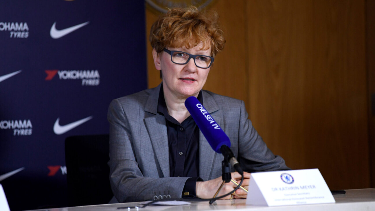 International Holocaust Remembrance Alliance Executive Secretary Kathrin Meyer appears at a press conference to sign a declaration formally adopting the IHRA working definition of antisemitism at Chelsea Training Ground in Cobham, England, Jan. 17, 2020. (Photo by Darren Walsh/Chelsea FC via Getty Images)