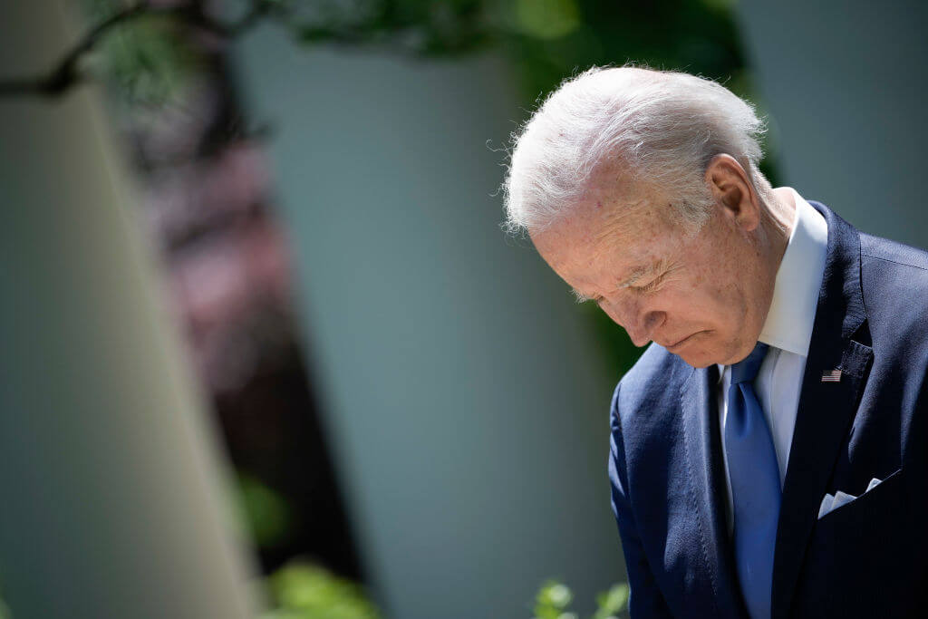 U.S. President Joe Biden listens during an event in the Rose Garden of the White House May 9, 2022 in Washington, DC.