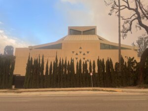 Kehillat Israel in the Pacific Palisades on Wednesday afternoon, as firefighters battled blazes on either side.