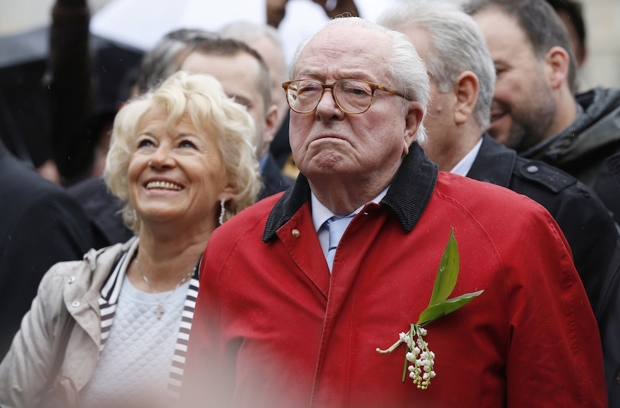 French far-right party Front National founder and honorary president Jean-Marie Le Pen looks on at the foot of a statue of Joan of Arc during the party’s annual rally in honour of Joan of Arc in Paris, May 1, 2015. (Thomas Samson/AFP/Getty Images)