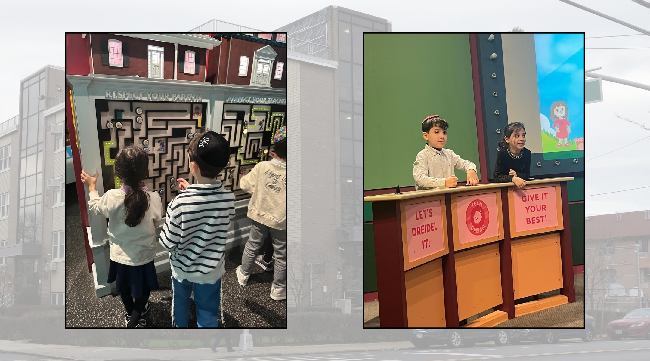 Schechter Queens students participate in school activities, including a Hanukkah dreidel competition. (Courtesy Schechter Queens/Queens Hebrew Academy)