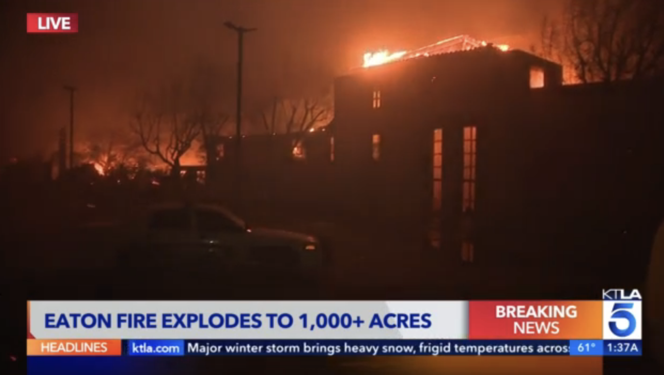 The Pasadena Jewish Temple and Center, a Conservative synagogue whose complex also includes a Jewish school, burns at around 1:00 a.m. Wednesday. The large structure on the right is the synagogue's main sanctuary.