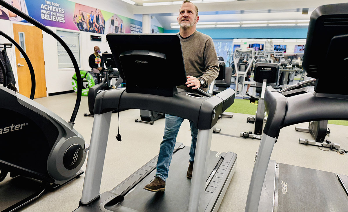 Barak Hermann, the incoming president and CEO of the JCCs of North America, on a treadmill at a JCC in Baltimore.