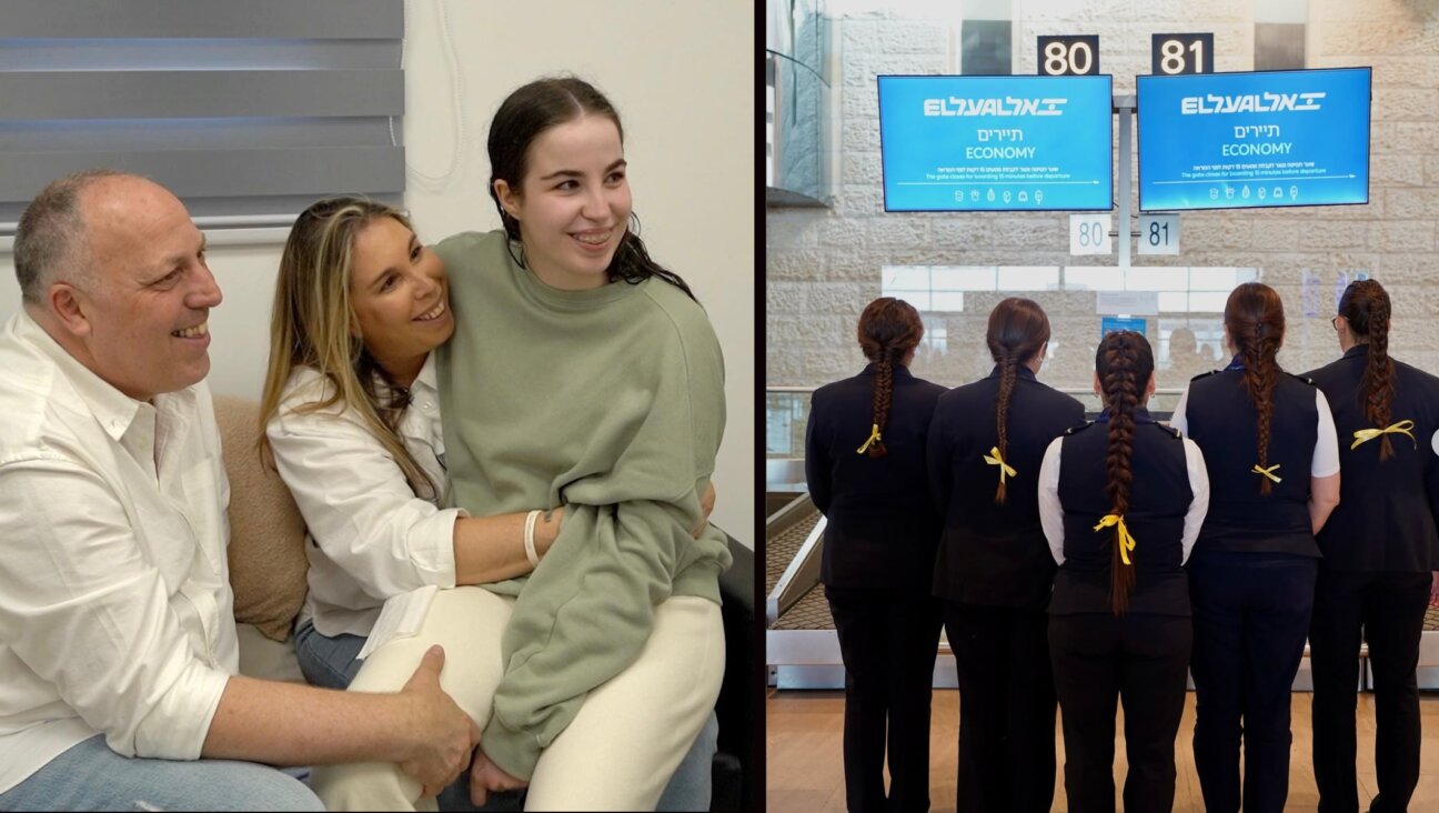 Jewish women, including at the Israeli airline El Al, wore braids to celebrate Agam Berger, released from Hamas captivity on Jan. 30, 2025. (Berger with her parents: handout; El Al staff via El Al)