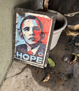 Amidst the ashes of his home, Rabbi Joshua Levine Grater found the Obama "Hope" poster.