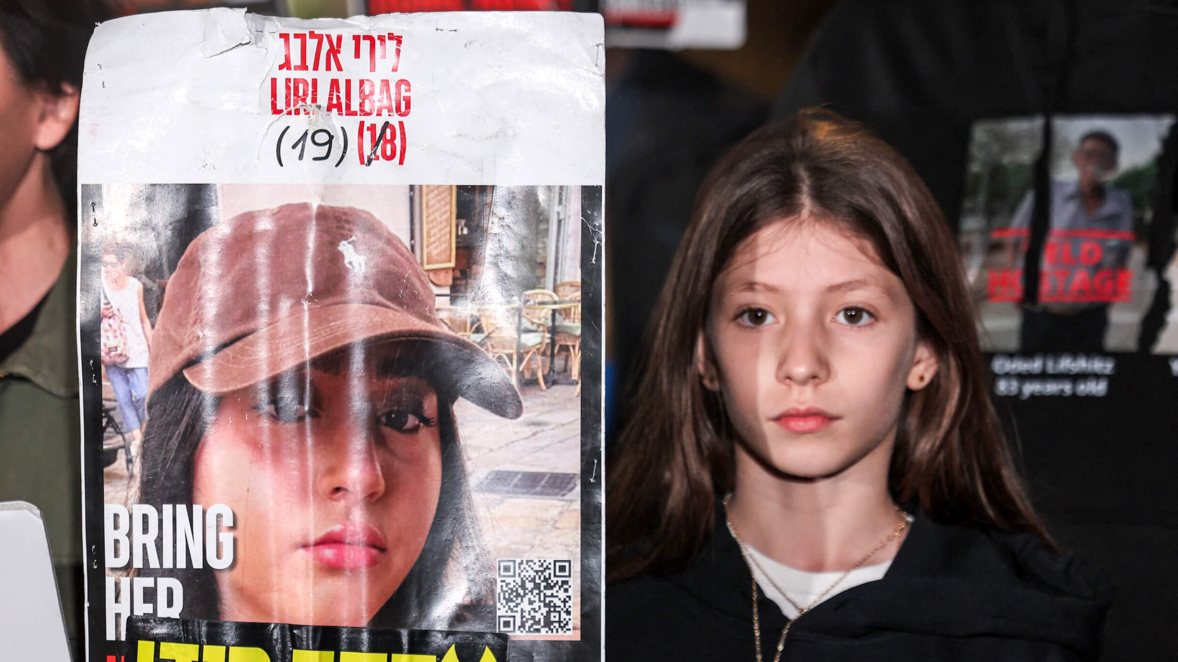 A relative of Liri Albag, an Israeli hostage taken captive by Palestinian militants to the Gaza Strip during the Oct. 7 attack, demonstrates with other family members in Tel Aviv on Jan. 4. 