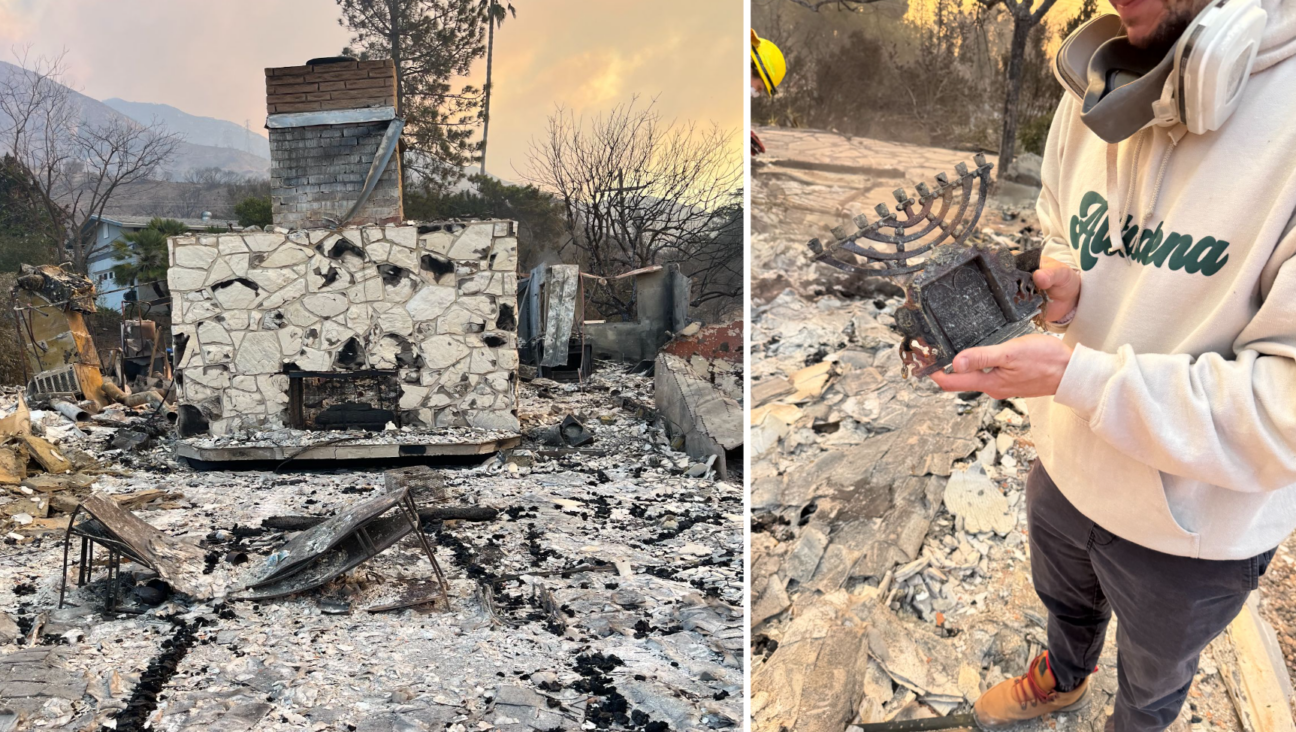 At left, the remnants of the Kotler home in Pasadena. At right, Josh Kotler holds his grandmother's menorah, which was found in the rubble.