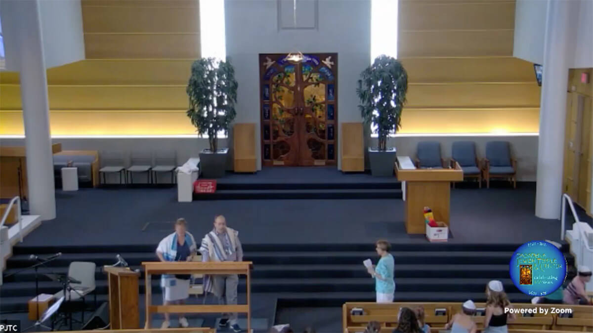 The sanctuary at the Pasadena Jewish Temple and Center, as seen in an Oct. 2023 Zoom video. A wildfire destroyed the building in Jan. 2025.