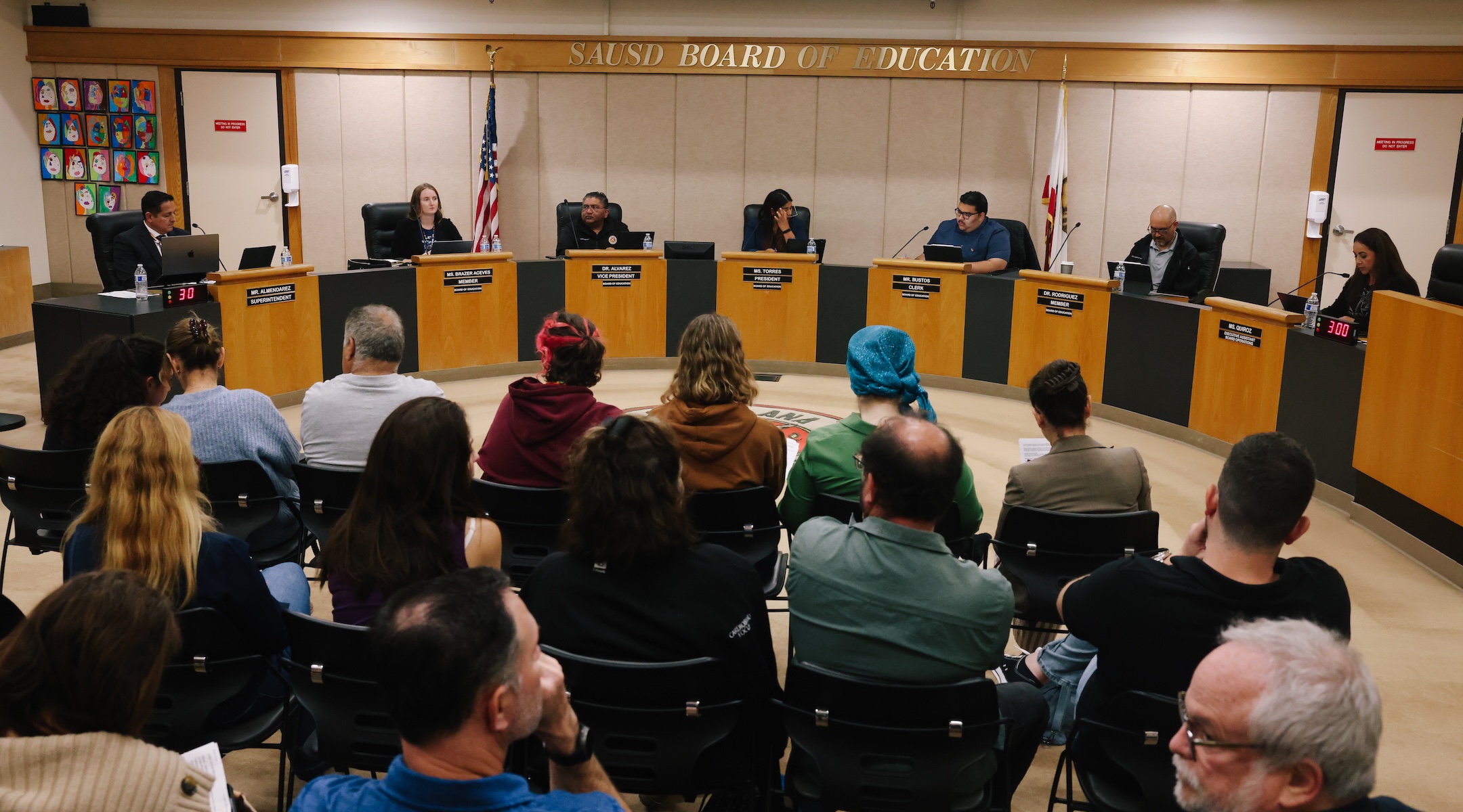 Opening statements are made during a board meeting at the Santa Ana Unified School District board room in Santa Ana, CA on June 13, 2023 (Dania Maxwell / Los Angeles Times via Getty Images)