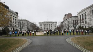 Dozens of Harvard Medical School faculty and students protested outside of the school on March 15, 2024. They were protesting an event featuring the president of the American Medical Association, over the powerful physicians’ group’s repeated refusal to call for a ceasefire in Gaza. (Suzanne Kreiter/The Boston Globe via Getty Images)