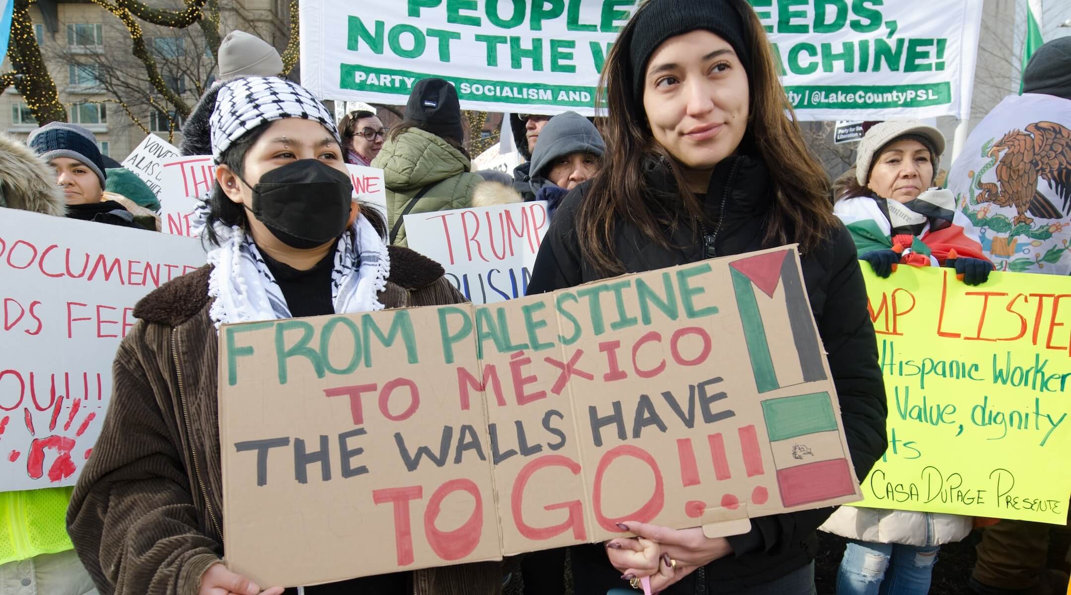 Protesters in Chicago march on Trump Tower, demanding an end to violence in Gaza and a halt to deportation plans in Chicago, Illinois, United States on January 25, 2025. The combination of immigration-rights work with pro-Palestinian activism is creating a tense environment for Jewish groups who want to focus on immigration. (Jacek Boczarski/Anadolu via Getty Images)