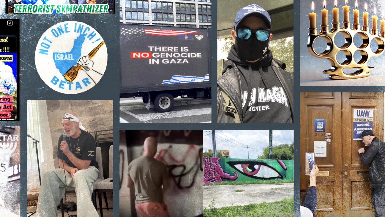 Actions and images from Betar US and its allies since its formation in 2024 include (from top-left, clockwise): a button associated with the original Beitar group; messages on a truck driven outside Washington, D.C., during a visit by Benjamin Netanyahu; a masked Betar member planning to disrupt a pro-Palestinian protest; a brass-knuckle menorah shared on Betar social media; Betar former executive director Ross Glick knocking on Rep. Rashida Tlaib’s office in Capitol Hill; Betar member Jakob Schanzer spraying over a pro-Palestinian mural in New Orleans; and singer Matisyahu endorsing Betar. (Collage by 70 Faces Media)