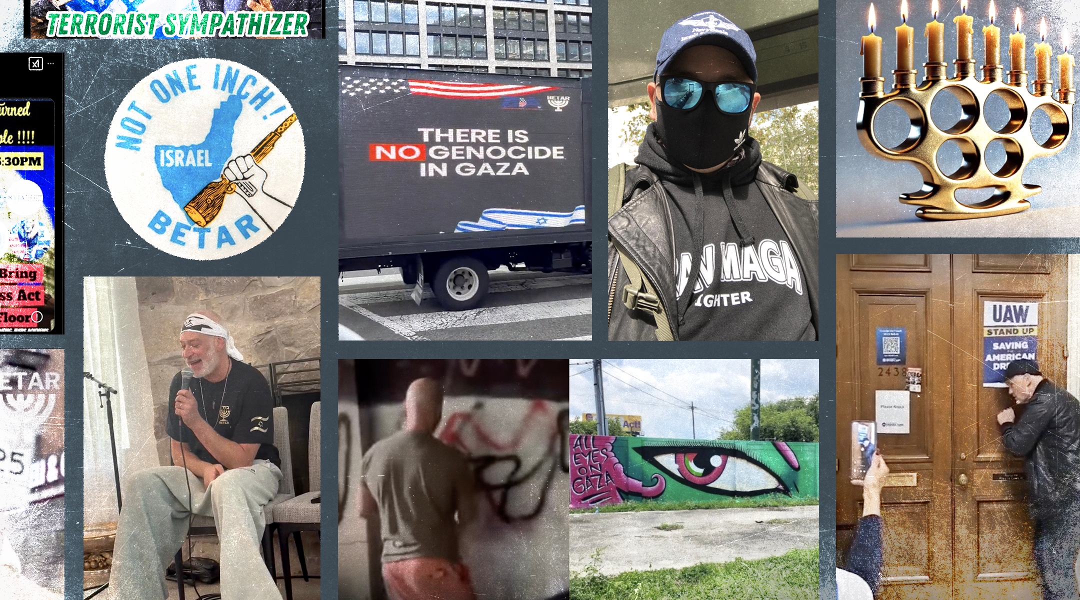 Actions and images from Betar US and its allies since its formation in 2024 include (from top-left, clockwise): a button associated with the original Beitar group; messages on a truck driven outside Washington, D.C., during a visit by Benjamin Netanyahu; a masked Betar member planning to disrupt a pro-Palestinian protest; a brass-knuckle menorah shared on Betar social media; Betar former executive director Ross Glick knocking on Rep. Rashida Tlaib’s office in Capitol Hill; Betar member Jakob Schanzer spraying over a pro-Palestinian mural in New Orleans; and singer Matisyahu endorsing Betar. (Collage by 70 Faces Media)