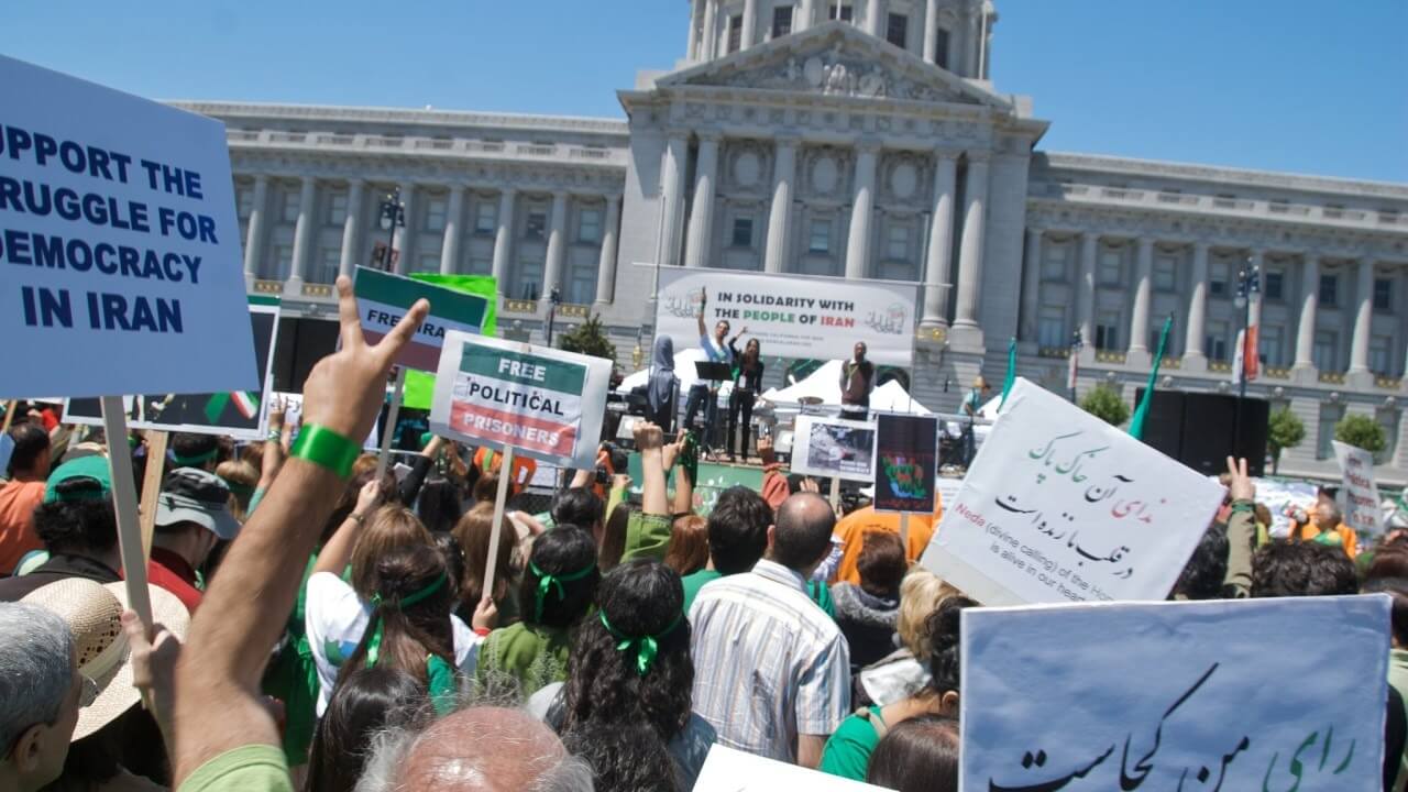 A 2009 rally in solidarity with protesters in Iran at San Francisco City Hall. 