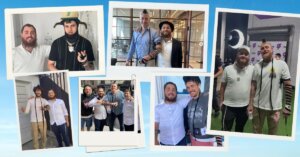 Yossi Farro wrapping tefillin with (clockwise from top left): BLP Kosher, Bill Ackman, Jake Paul, James Franco, Michael Rapaport and Lil Dicky. (Photos courtesy of Yossi Farro)