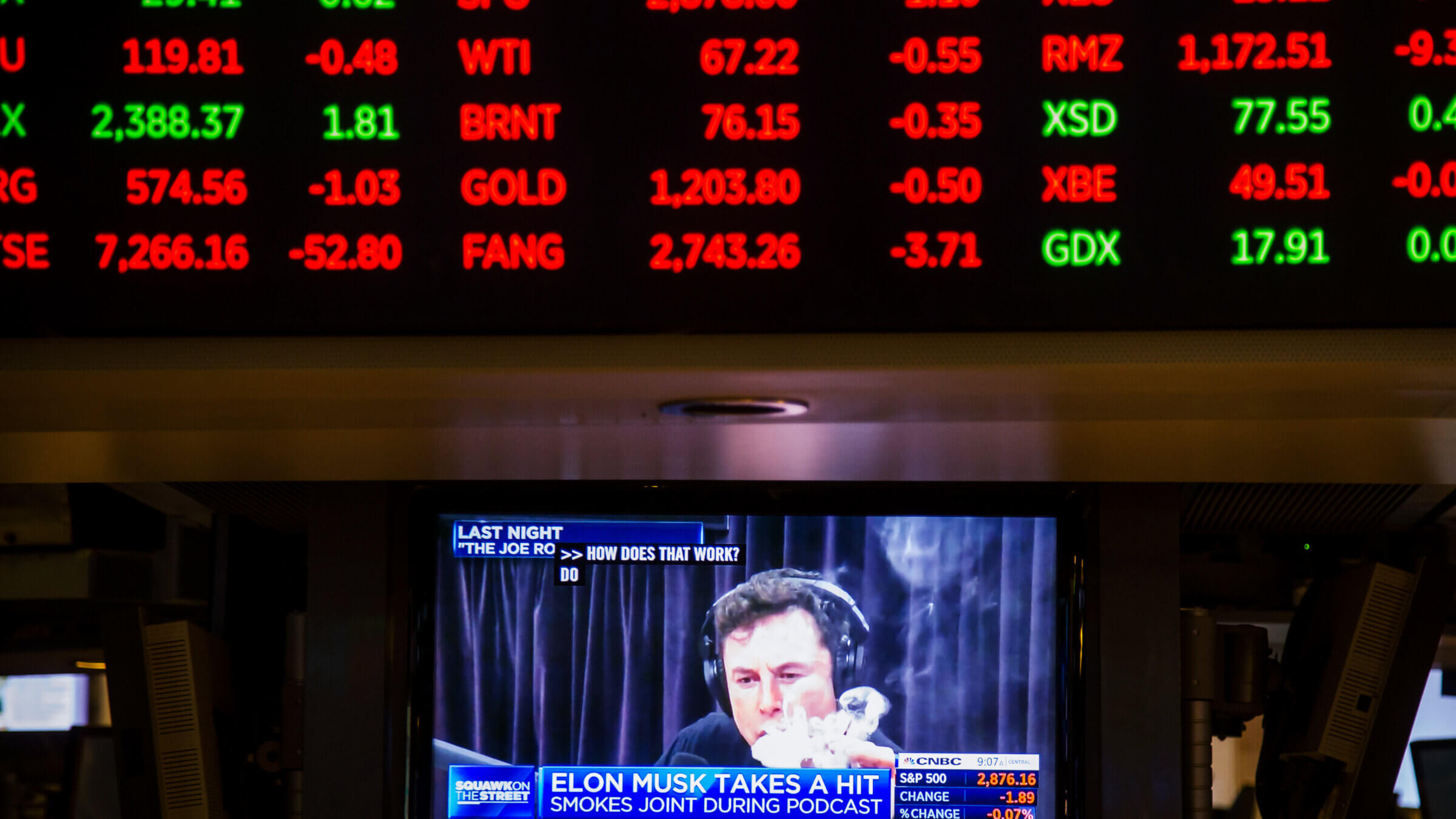 Elon Musk is seen on a television on the floor of the New York Stock Exchange in 2018.