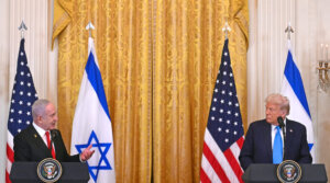 US President Donald Trump listens to Israel’s Prime Minister Benjamin Netanyahu speak during a press conference in the East Room of the White House in Washington, DC, Feb. 4, 2025. (Jim Watson/AFP via Getty Images)