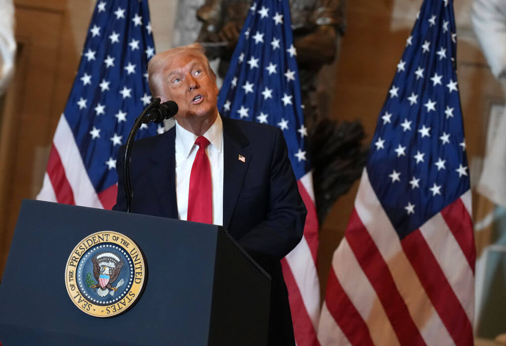 President Donald Trump, speaking at the 2025 National Prayer Breakfast, looked up at the heavens and said God saved him from an assassination attempt to make America great again. He added: “We have to bring religion back."