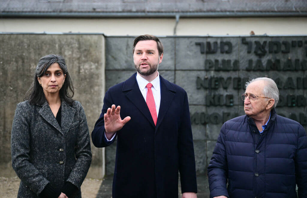 Vice President JD Vance, his wife Usha Vance and Holocaust survivor Abba Naor at the Dachau Concentration Camp memorial on Feb. 13.  