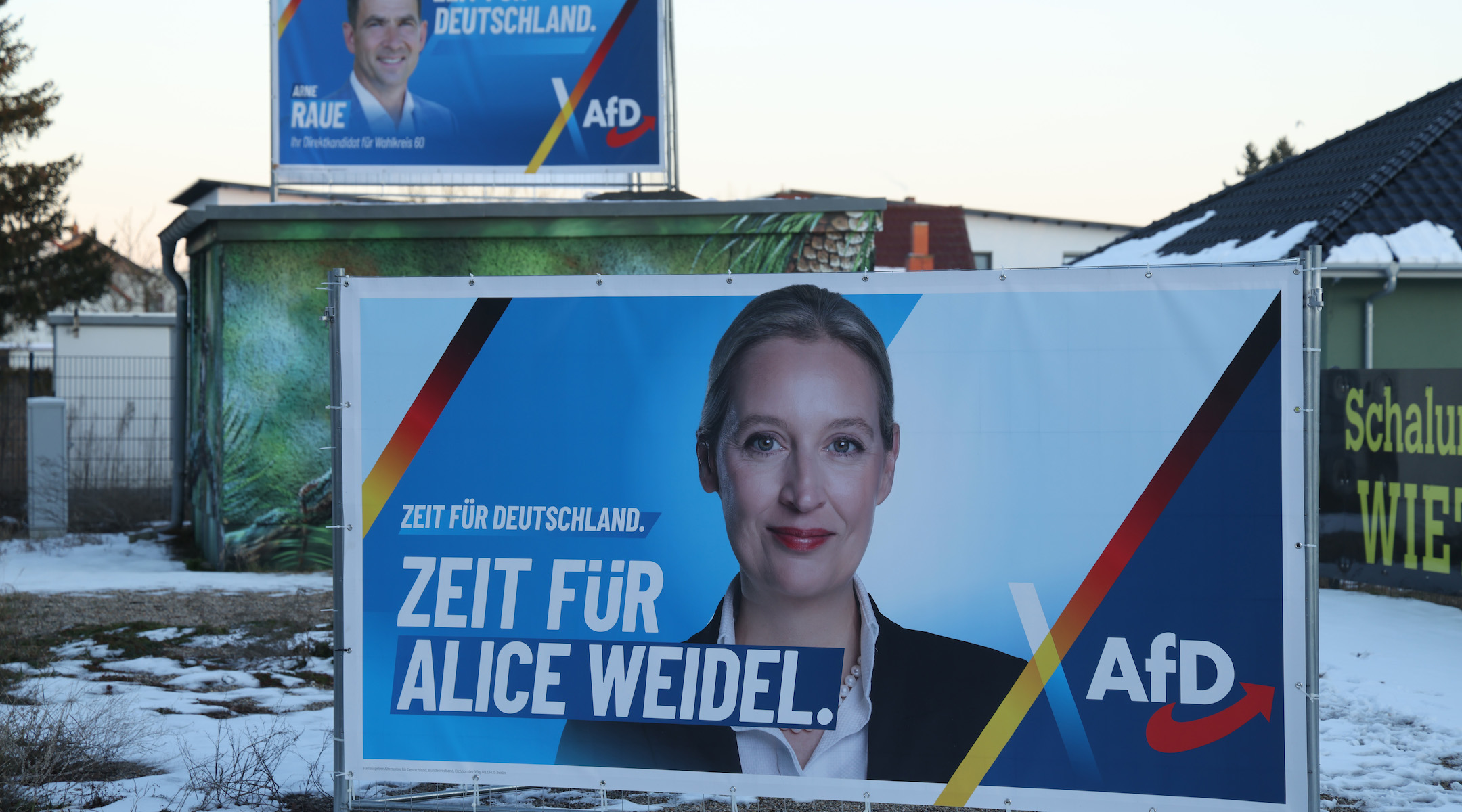 Election campaign posters of the far-right Alternative for Germany (AfD) show local candidate Arne Raue and chancellor candidate Alice Weidel near Brandenburg, Germany. (Sean Gallup/Getty Images)