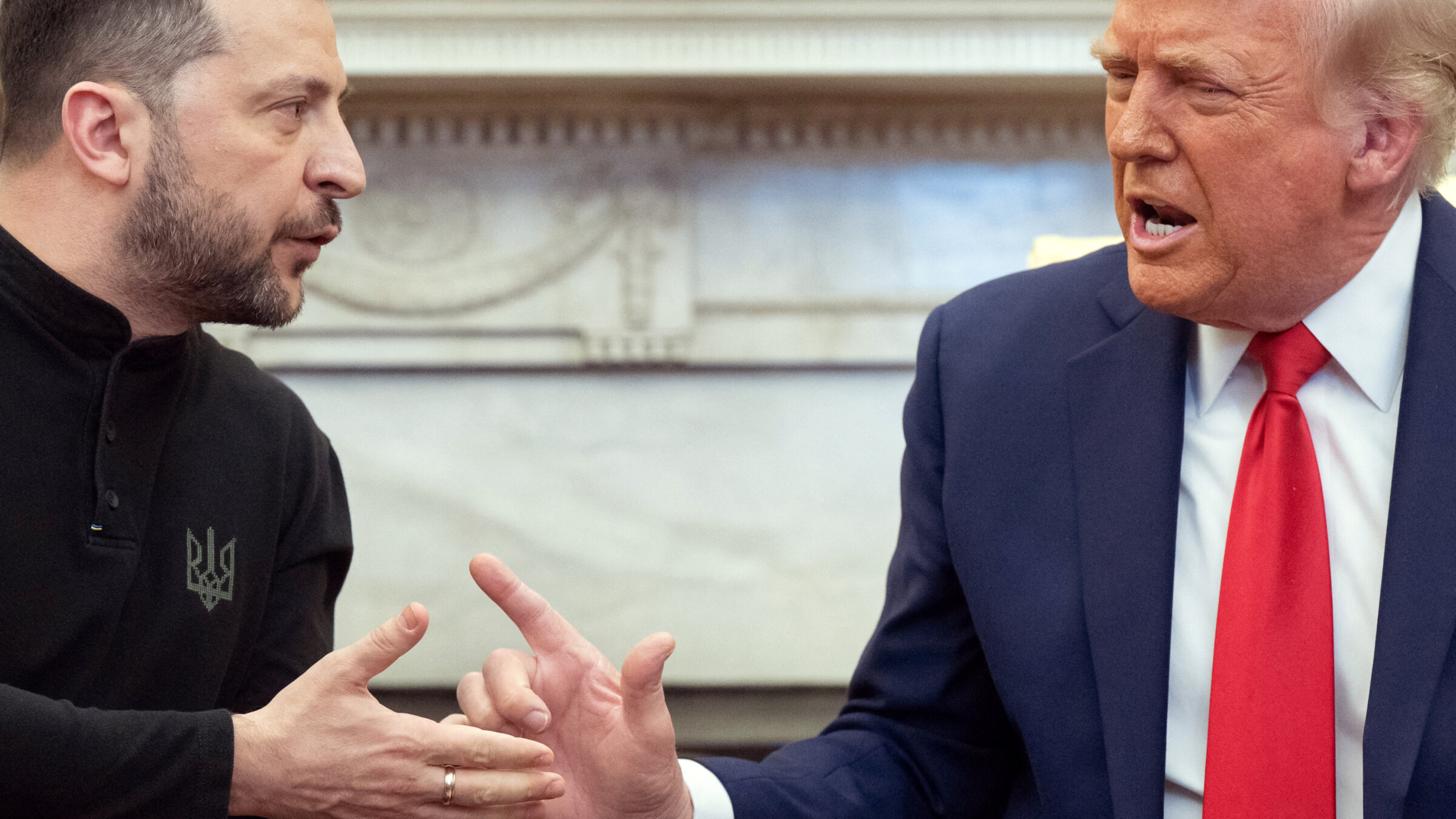 Donald Trump lectures Ukraine's President Volodymyr Zelensky in the Oval Office of the White House.