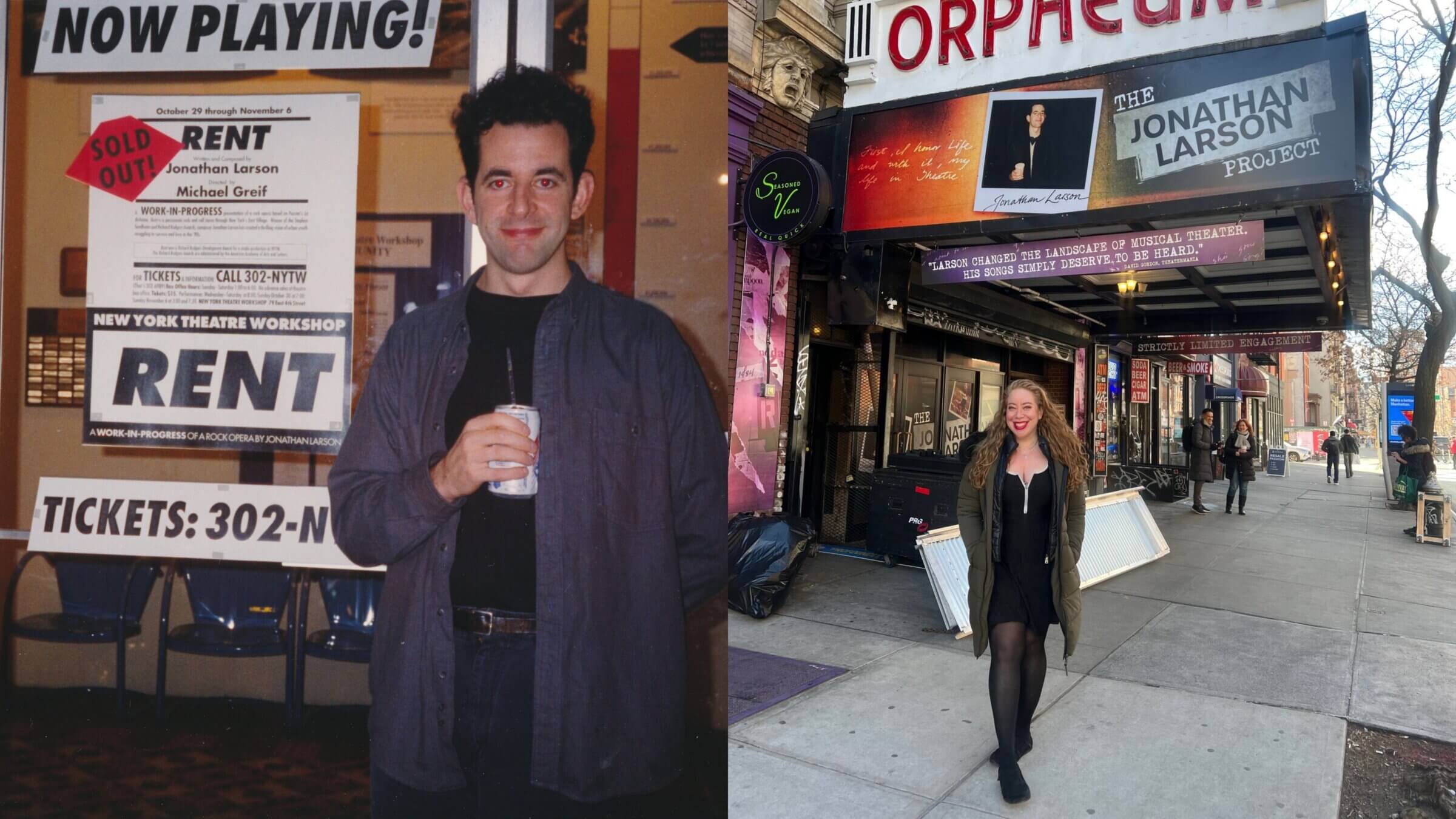 Left: Shortly before his death, Jonathan Larson stands outside the New York Theater Workshop before the opening of <i>RENT</i>. Right: Nearly 35 years later, theater historian Jennifer Ashley Tepper is bringing Larson's posthumously published songs to life in <i> The Jonathan Larson Project </i> at the Orpheum Theater.