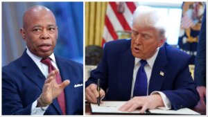 Collage photo of President Donald Trump signing an executive order and NYC Mayor Eric Adams discussing immigration on Fox News. 