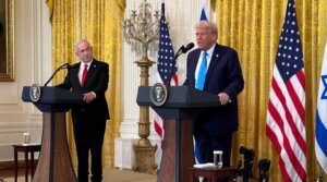 Israeli Prime Minister Benjamin Netanyahu and U.S. President Donald Trump speak during a joint press conference in the East Room of the White House on Feb. 4, 2025. (The White House, via Wikipedia)