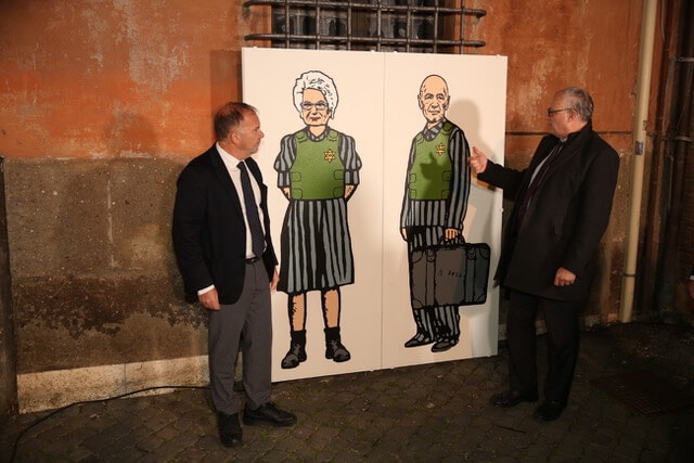 AleXsandro Palombo's mural, seen here with Rome's mayor Roberto Gualtieri and Holocaust Museum president Mario Venenzia, pays tribute to Holocaust survivors Liliana Segre and Sami Modiano.