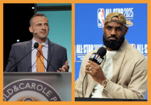 University of Wisconsin head coach Doug Gottlieb (L) and LeBron James, NBA's all-time scoring leader and reigning sports dad.