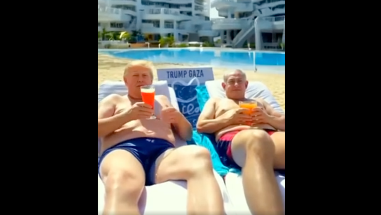 President Donald Trump and Prime Minister Benjamin Netanyahu lounge by a pool in Gaza in a new A.I. video shared by the president. (Screenshot)