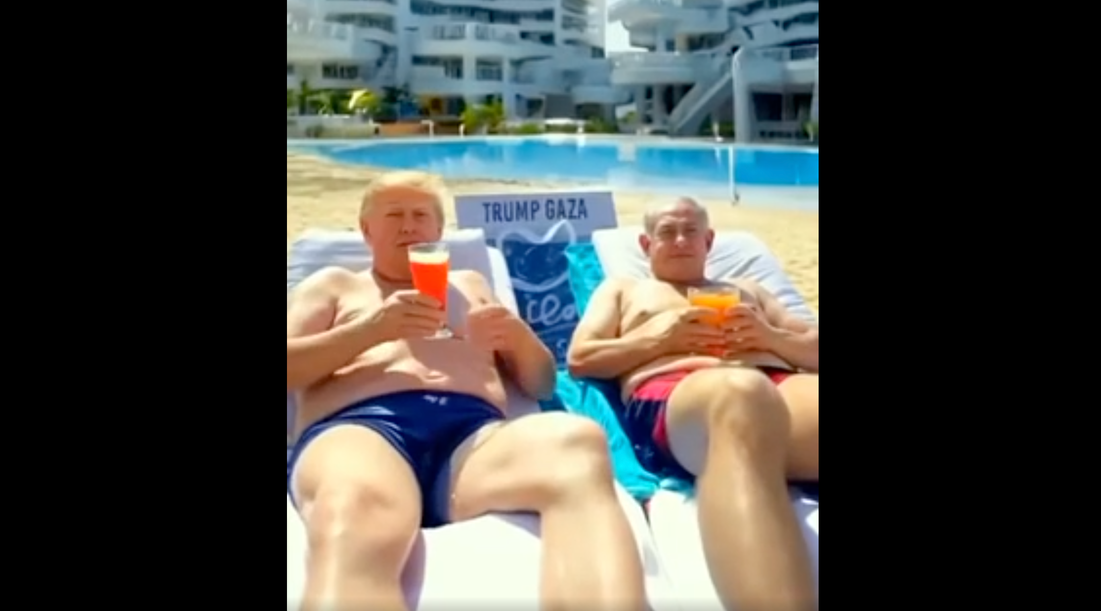 President Donald Trump and Prime Minister Benjamin Netanyahu lounge by a pool in Gaza in a new A.I. video shared by the president. (Screenshot)