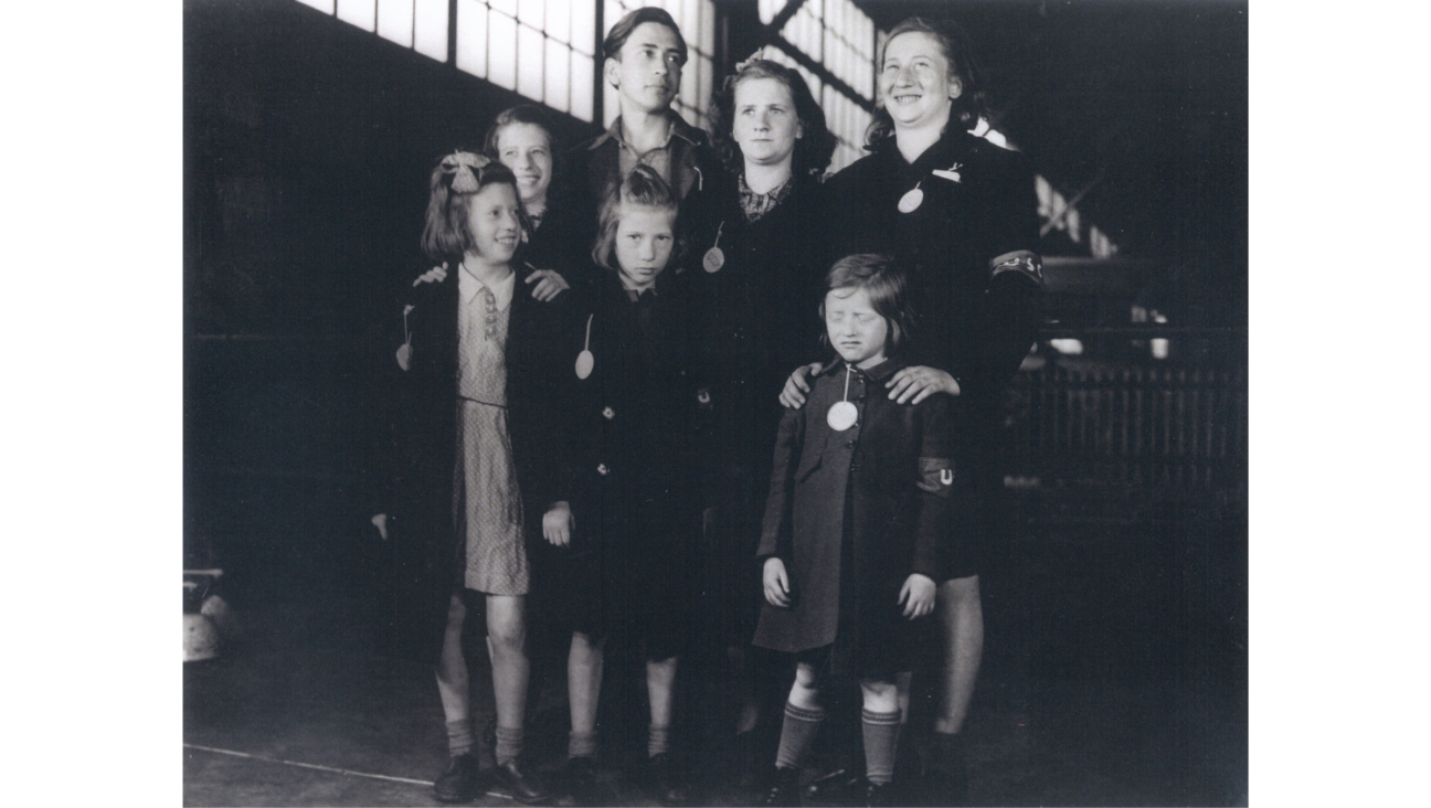 The Weber Siblings at the New York Harbor, May 20th, 1946; Front Left to Right: Renee, Judith, Bela    Back Left to Right: Gertrude, Alfons, Senta, and Ruth.