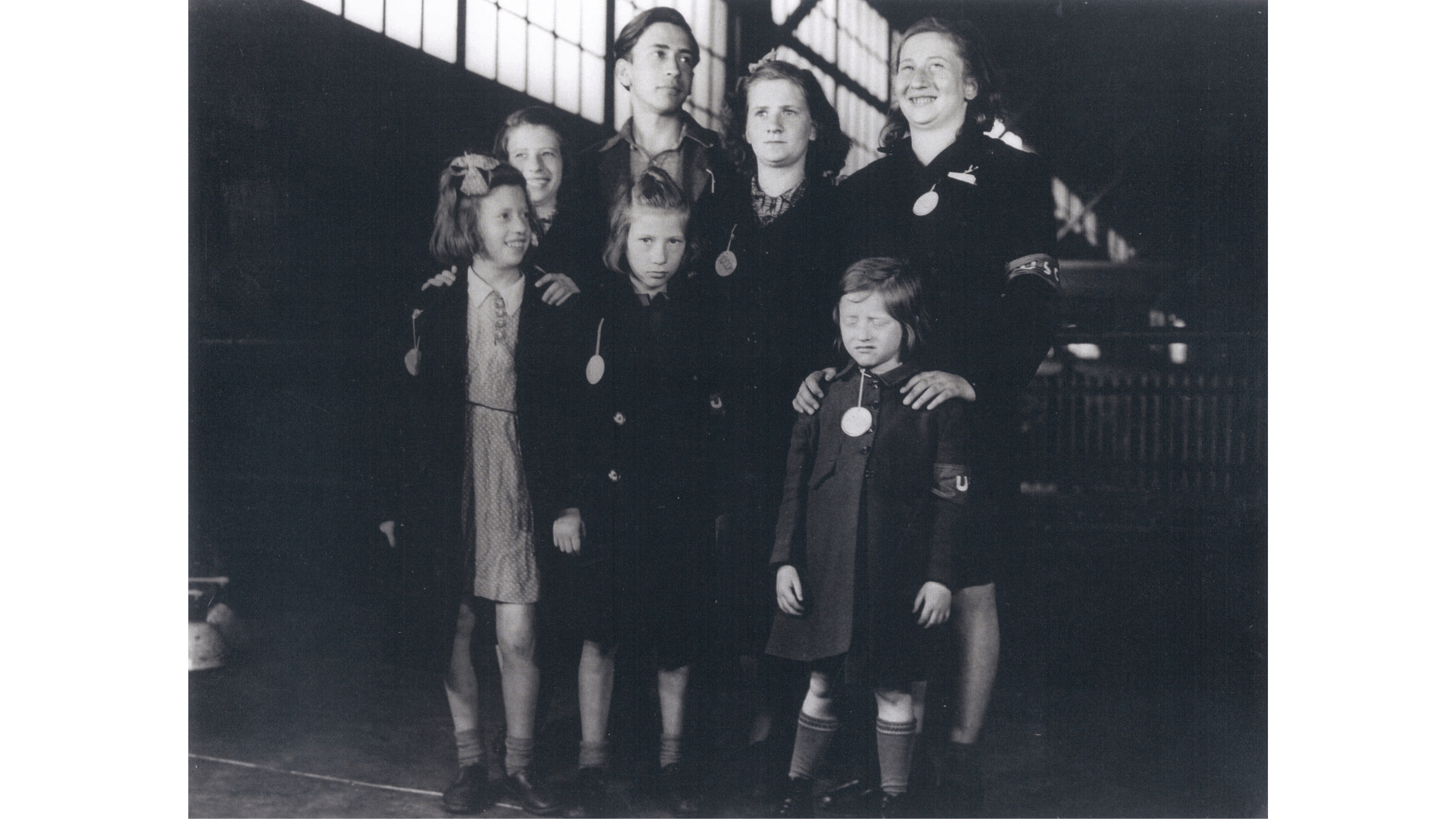 The Weber Siblings at the New York Harbor, May 20th, 1946; Front Left to Right: Renee, Judith, Bela    Back Left to Right: Gertrude, Alfons, Senta, and Ruth.