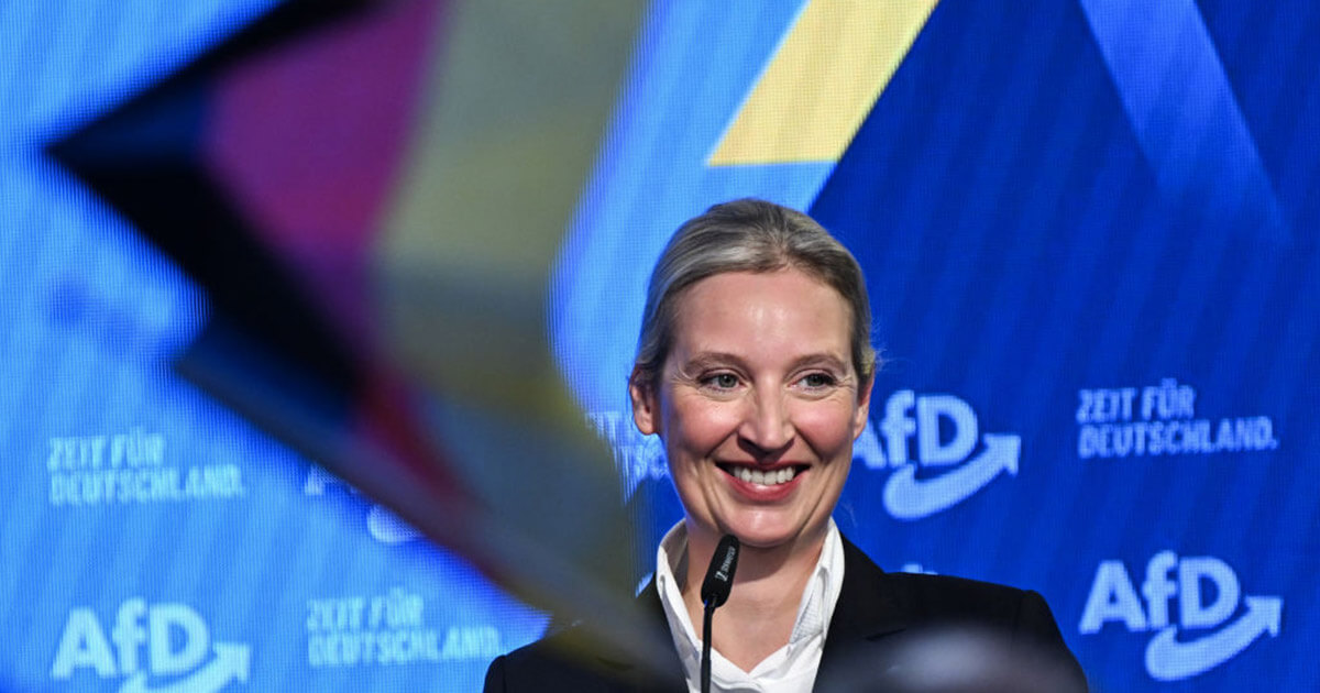 Alice Weidel, co-leader of Germany's far-right Alternative for Germany (AfD) party, reacts during the electoral at election night rally in Berlin.