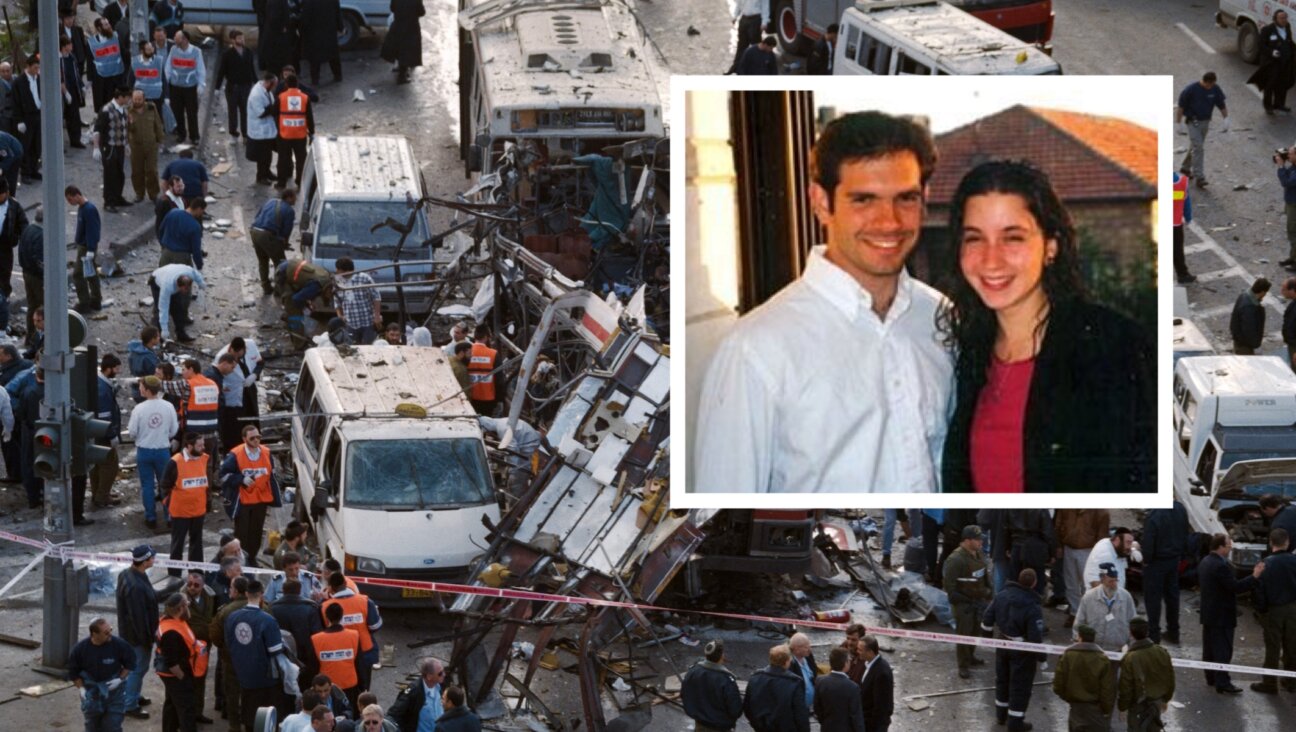 Matthew Eisenfeld and Sara Duker, inset, were killed when a suicide bomber exploded the No. 18 bus in Jerusalem on Feb. 25, 1996. (Main image: Menahem Kahana/AFP via Getty Images)