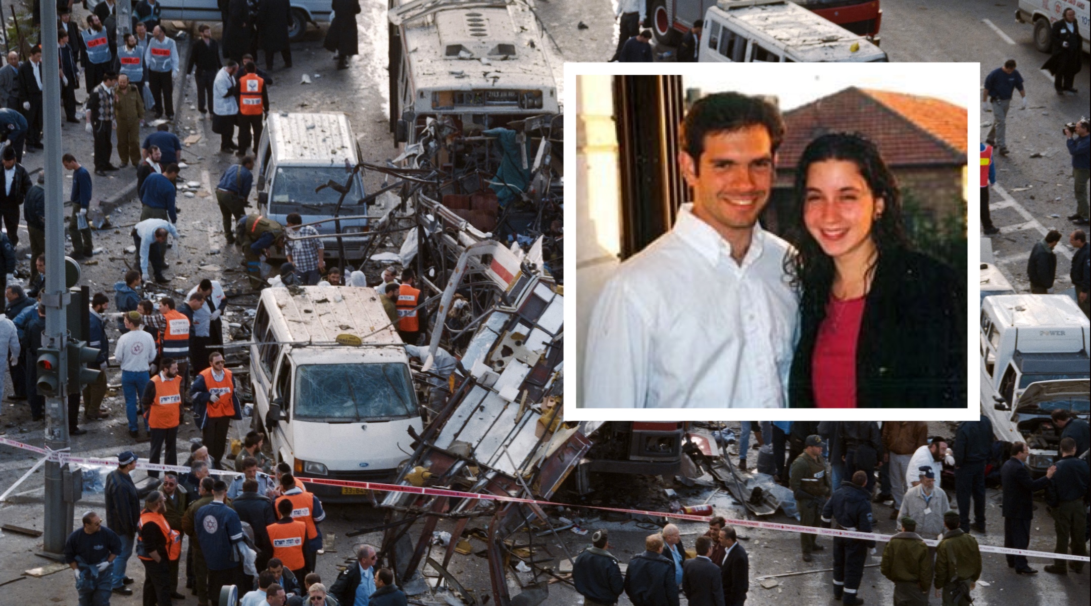 Matthew Eisenfeld and Sara Duker, inset, were killed when a suicide bomber exploded the No. 18 bus in Jerusalem on Feb. 25, 1996. (Main image: Menahem Kahana/AFP via Getty Images)