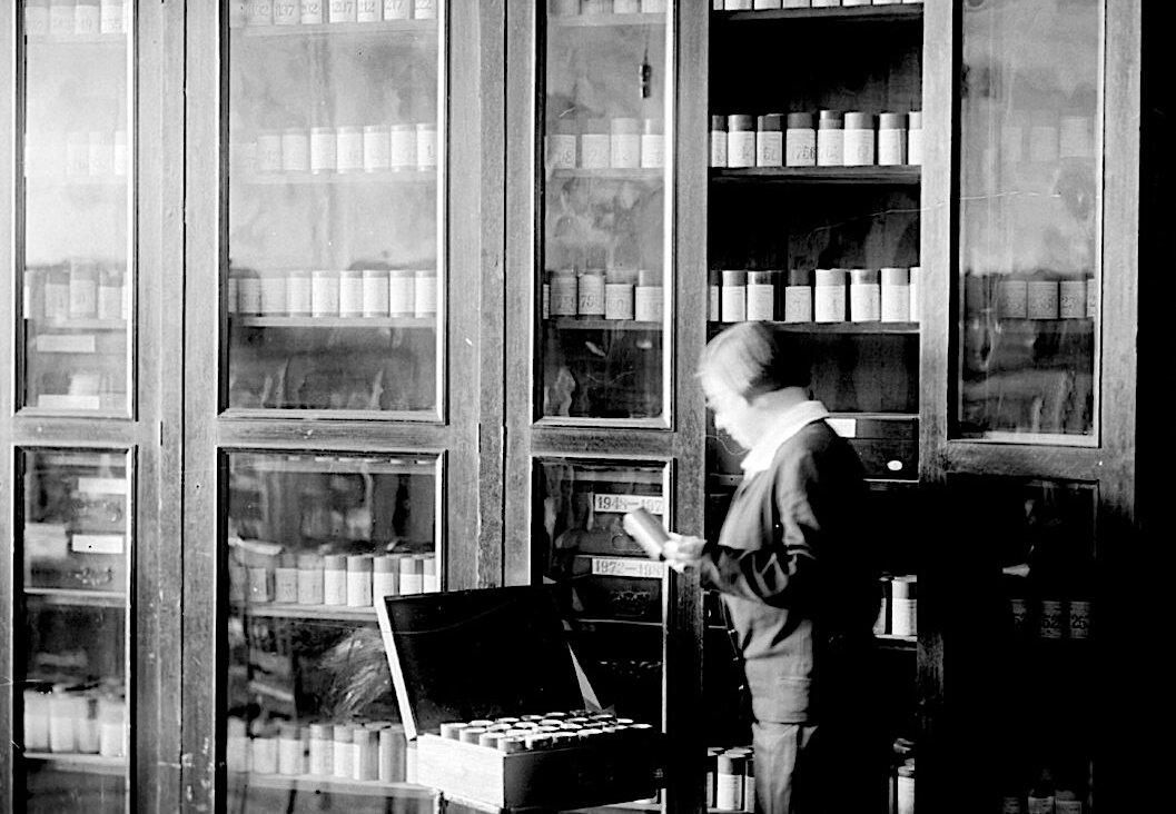 Sofia Magid in the sound archive at the Pushkin House, St. Petersburg, circa 1940s