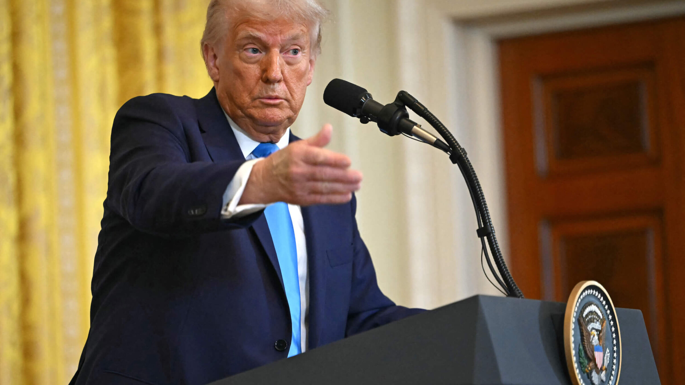 President Donald Trump speaks during a press conference with Israel's Prime Minister Benjamin Netanyahu in the East Room of the White House on Feb. 4. 