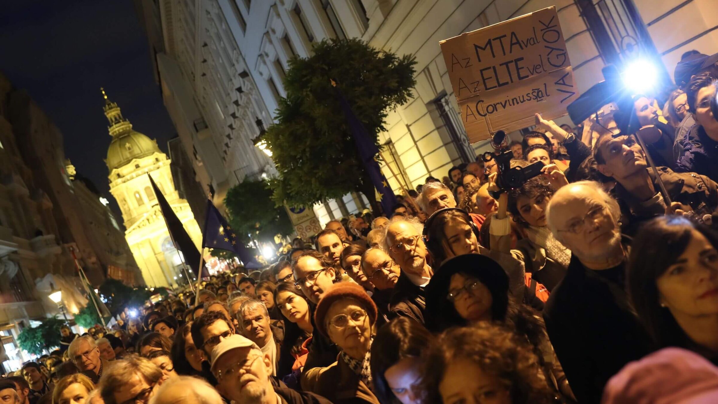 Protesters in Budapest, Hungary demonstrate in favor of the Central European University under the call "I stand with CEU" on Oct. 26, 2018. 