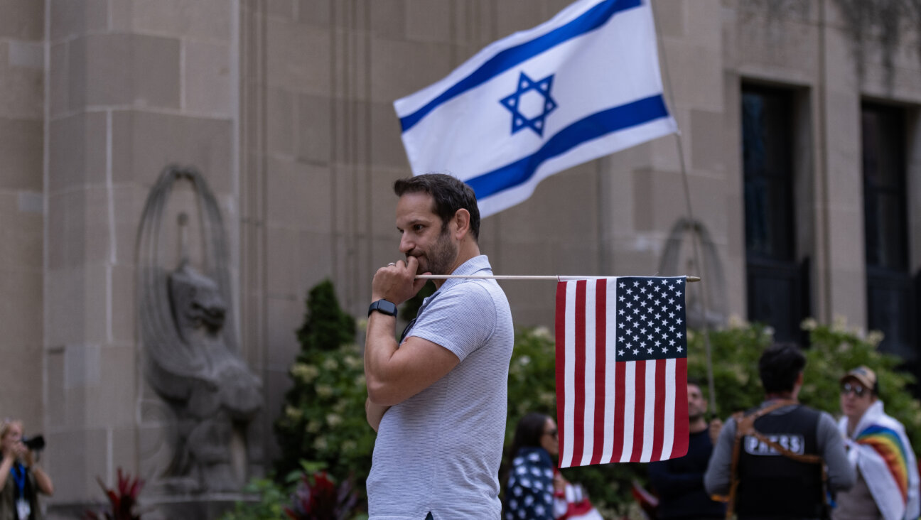 A pro-Irsael protester demonstrates near the Consulate General of Israel during the second day of the Democratic National Convention on Aug. 20 in Chicago.