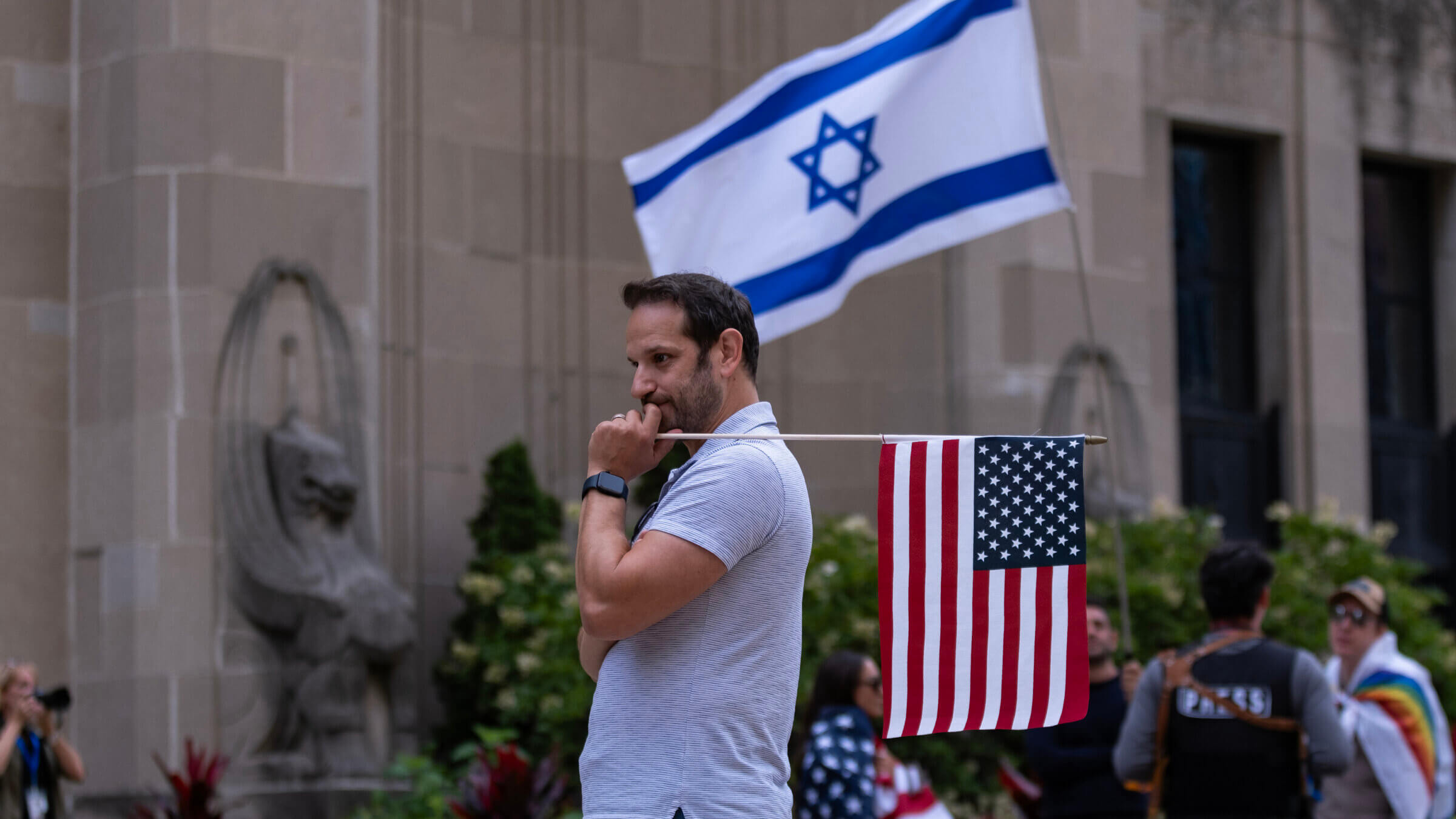 A pro-Irsael protester demonstrates near the Consulate General of Israel during the second day of the Democratic National Convention on Aug. 20 in Chicago.